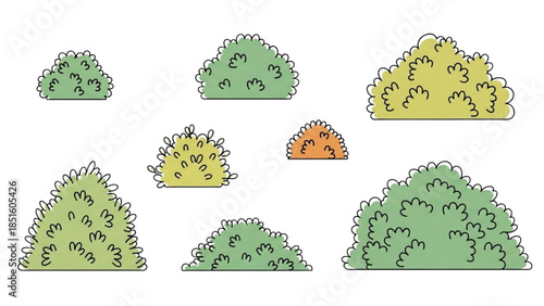 A collection of variously colored and sized bushes in a graphic illustration