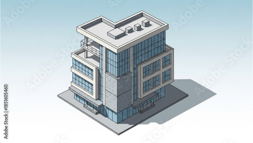 Isometric illustration of a modern office building with sleek design and blue tinted windows