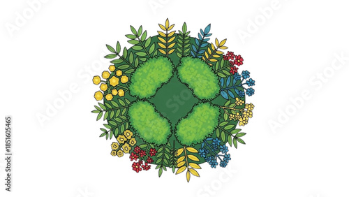A vibrant floral arrangement illustration featuring a green clover surrounded by colorful flowers and foliage viewed from directly above