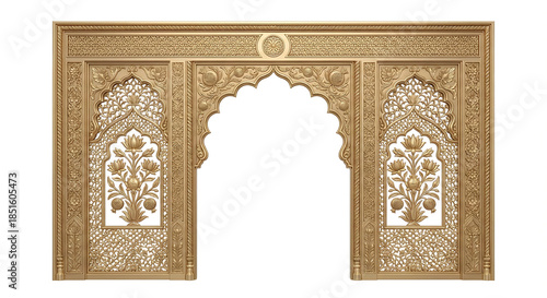 Intricate Gold Indian Archway with Floral and Pomegranate Motifs ornate isolated on a transparent background
