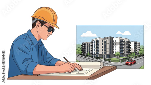 Engineer designing modern residential complex on blueprint with pencil and hard hat