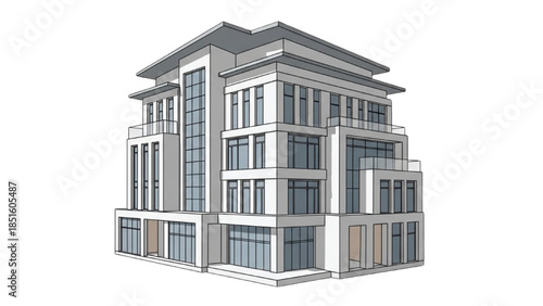 Modern multi-story building illustration with sleek design and large windows from an isometric viewpoint