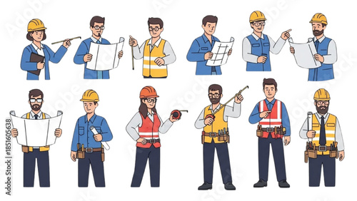 A group of construction workers standing together, wearing hard hats and holding various tools and plans, viewed from a straight-on perspective.