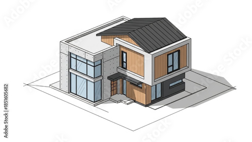 Modern two-story house with sleek design and minimalist architecture rendered in a 3D illustration