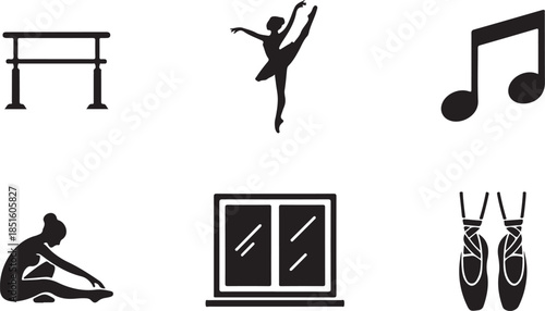 Ballet and dance icons including barre dancer music notes and shoes Keywords: ballet barre dancer pirouette music notes pointe shoes stretching