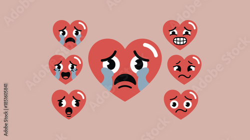 Several sad red heart characters express various feelings of distress and emotional pain