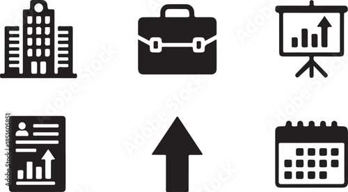 Business icons office building briefcase presentation board resume up arrow calendar Keywords: business, finance, office, building, skyscraper