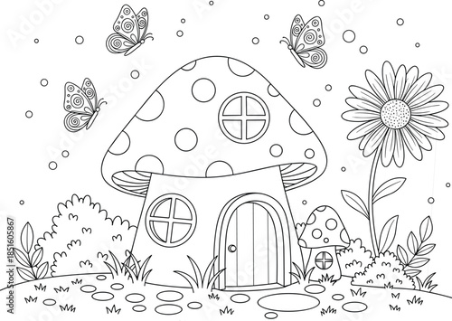 Fairy tale mushroom house with butterflies and a large flower coloring page Keywords: fairy tale, mushroom house, coloring page