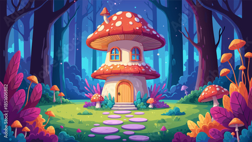 Enchanting mushroom house nestled in a vibrant, magical forest clearing with glowing flora and whimsical ambiance