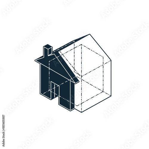 Abstract architectural representation of a house with transparent walls.