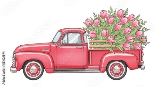 Classic Red Farm Truck Carrying a Fresh Bouquet of Pink Spring Tulips
