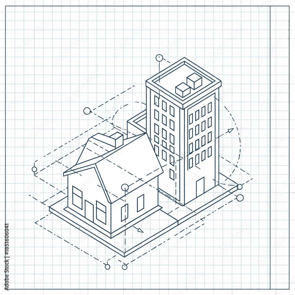 Obraz premium Architectural Blueprint Drawing of Residential and Commercial Buildings.