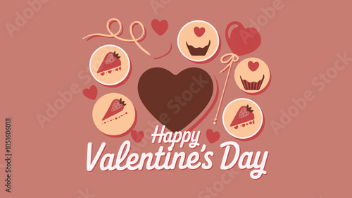 Simple flat design Happy Valentines Day greeting surrounded by cute hearts and delicious treats