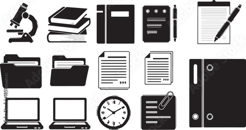 Office and study icons including microscope books laptop and clock Keywords: microscope books notebook notepad pen clipboard document folder laptop