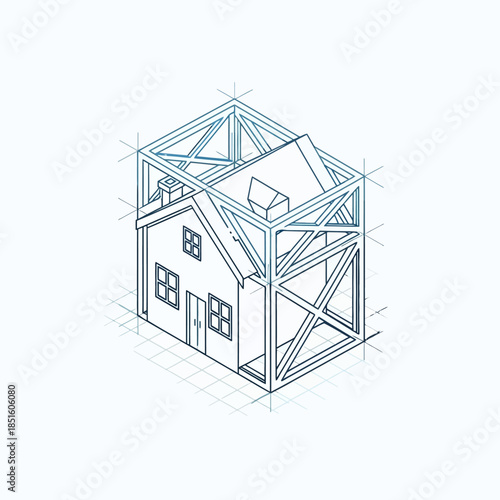 Architectural Blueprint of a House Under Construction with Structural Supports.