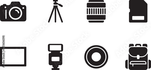 Photography equipment icons camera tripod lens memory card frame flash lens cap backpack Keywords: camera, photography, equipment, gear, tripod
