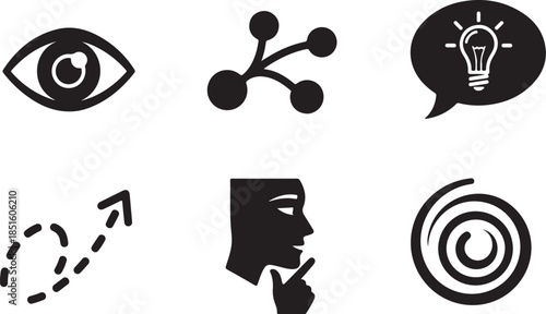 Set of abstract icons representing vision, connection, ideas, and thought on white Background Keywords: eye, molecule, speech bubble, light bulb
