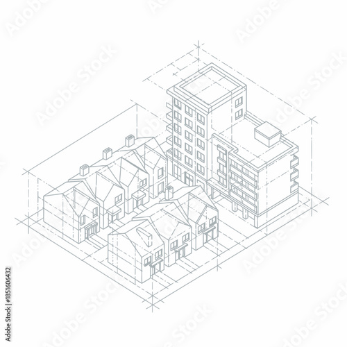 Architectural drawing of residential buildings and apartment block.