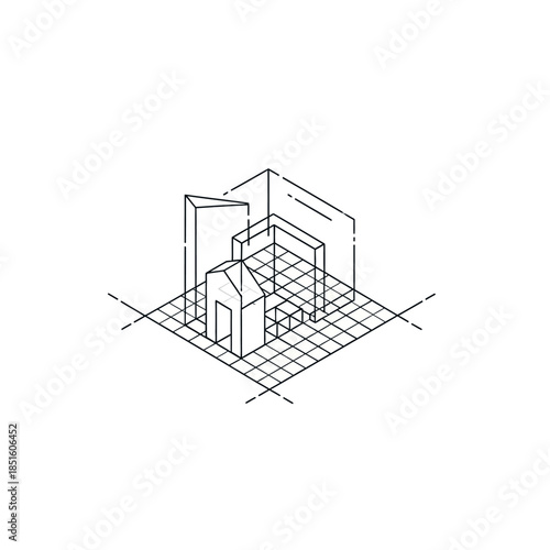 Architectural sketch of a small house within a grid and perspective lines.