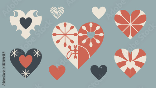 Various decorative heart designs displaying different internal motifs on a solid blue grey background