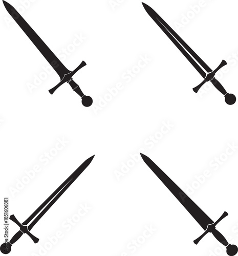 Four medieval style swords in different orientations