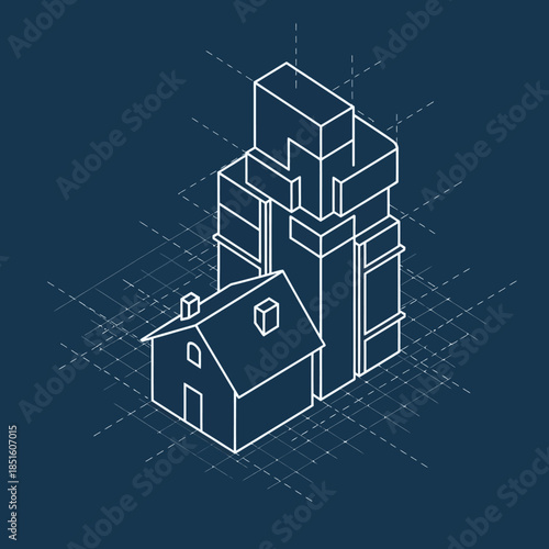Isometric architectural blueprint of a house and modern building.