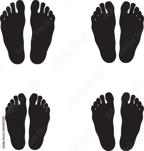 Four pairs of human feet in black silhouette on white background