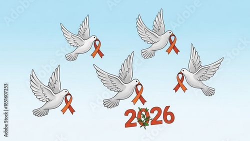 White Doves Flying with Orange Ribbons and 2026 Year Symbolizing Hope and Awareness on a Clear Blue Sky Background