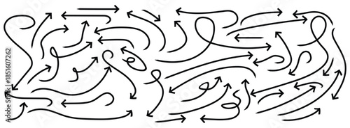 Hand drawn wavy arrow set. Hand drawn arrow set featuring curved, straight, dotted, and swirled arrows design. Arrow vector for creative design.