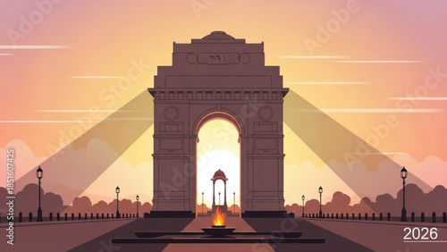 India Gate Monument at Sunset with Warm Lighting and Silhouette Trees in New Delhi, Indian Landmark and Tourist Attraction
