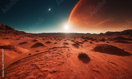 Red planet landscape with sun rising in the background while stars shine in a clear sky Generative AI