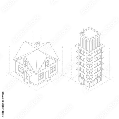 Isometric drawing of a house and a tall building.