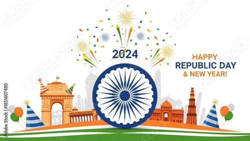 Vibrant Republic Day 2024 Celebration with Indian Landmarks and Fireworks Display
