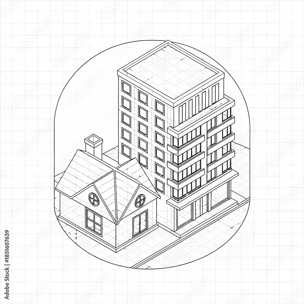 Fototapeta premium Isometric drawing of a house next to a modern apartment building.