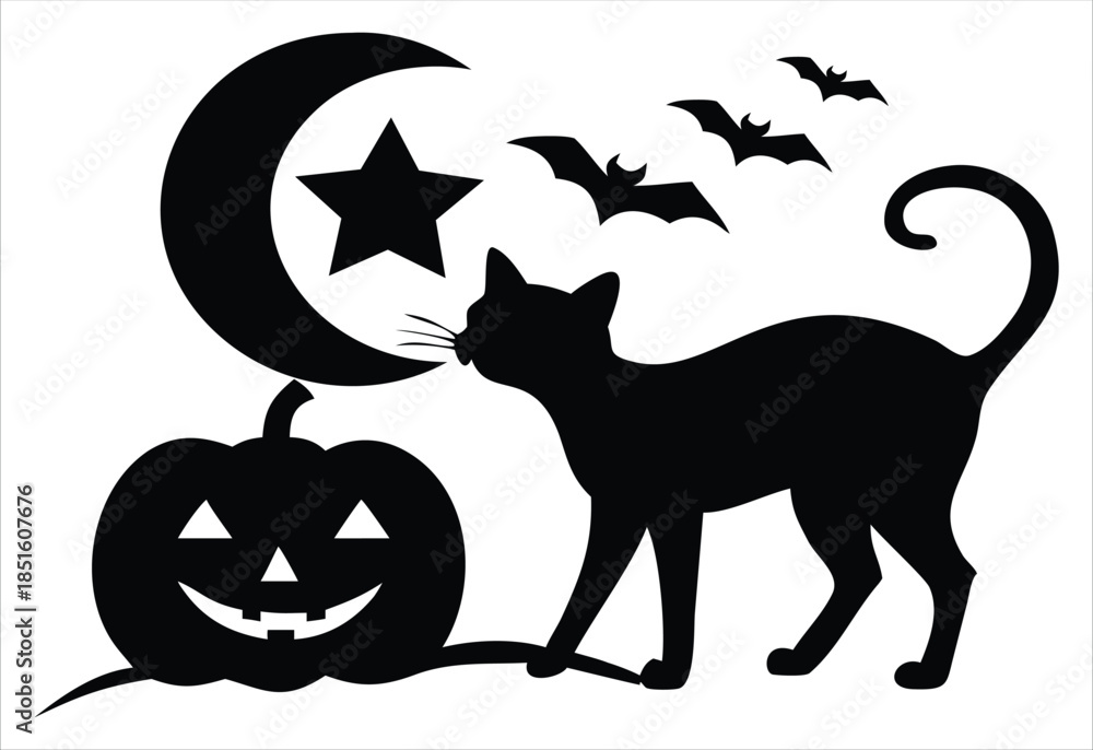 Fototapeta premium Spooky Halloween Silhouette Black Cat, Pumpkin, Moon, and Bats