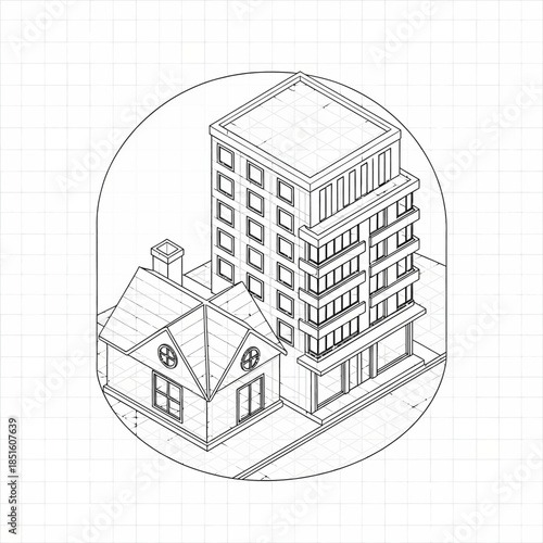 Isometric drawing of a house next to a modern apartment building.