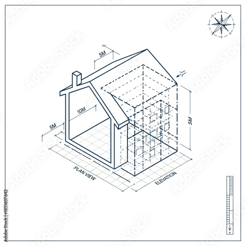 Isometric drawing of a house with plan and elevation views.
