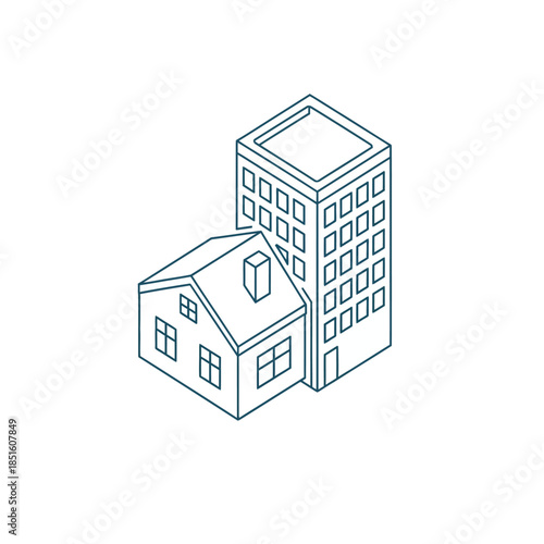 Isometric illustration of a house and apartment building side by side.