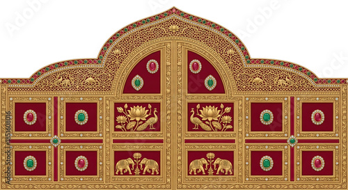 Ornate Red and Gold Decorative Gate with Jewels and Animal Motifs graphic design isolated on a transparent background