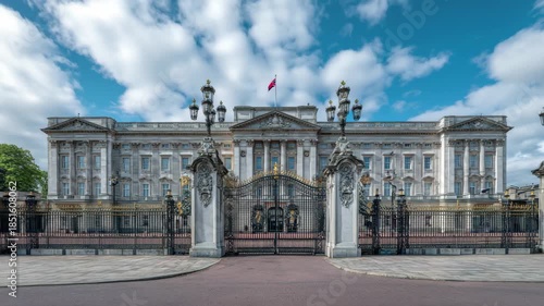 Buckingham palace front gates and facade with blue sky and clouds, 4k high quality footage