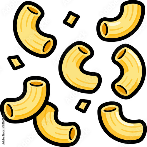 Scattered elbow macaroni pasta pieces cartoon vector illustration