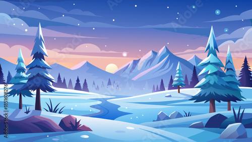 Minimal panoramic winter scene with an open snowy field and generous copy space, creating a calm and versatile background for Christmas, New Year, or seasonal design use