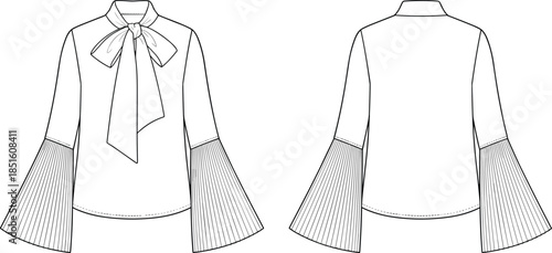 Women blouse technical drawing, front back view fashion flat sketch with pleated bell sleeves bow neck apparel illustration