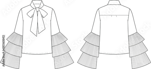 Women blouse technical drawing, front back view fashion flat sketch, layered ruffle sleeve bow neck top