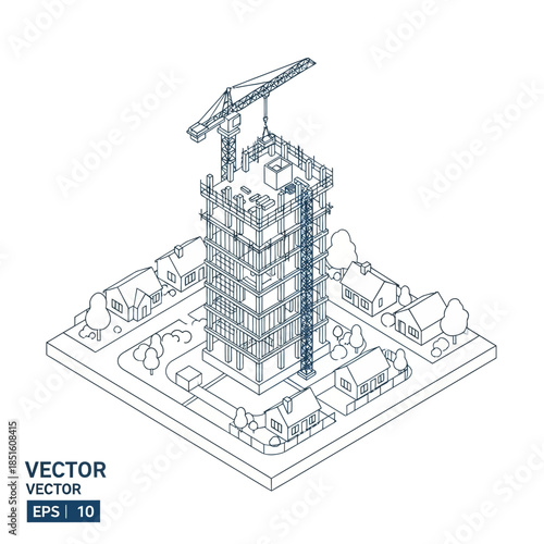 Isometric view of a skyscraper under construction with a crane.