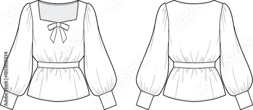 Women blouse technical drawing, front back view fashion flat sketch, long sleeve peplum top bow vector