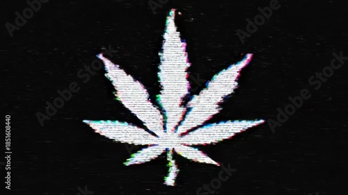 Legalize Marijuana Leaf Icon in Retro Vintage Style with Distorted Bad Signal. Glitch Loop Featuring Twitch, Noise, and Screen Interference, Isolated on Black Background with Alpha Channel Overlay