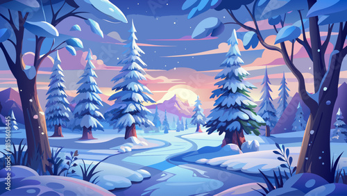 Enchanting winter landscape with frost-covered trees blanketed in fresh snow, designed as a magical Christmas background evoking warmth, calm, and seasonal wonder