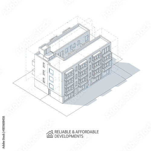 Modern Apartment Building Architectural Illustration with Transparent Overlay.