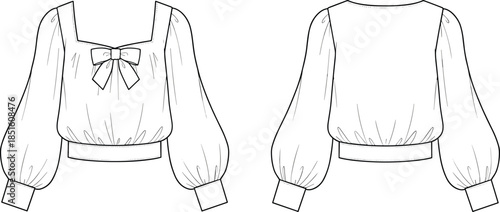 Women blouse technical drawing, front back view fashion flat sketch, puff sleeve cropped top bow design
